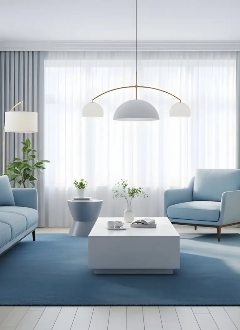 Elegant apartment interior design in shades of blue and white with modern furniture